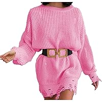Today's Deals Women's Fashion Sweater Short Dress Oversized Long Sleeve Tunic Jumper Dress Solid Ripped Hem Knit Tunic Dresses Ropa De Otoño para Mujer Pink