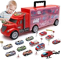 Toddler Toys,Large Transport Cars Carrier Set Truck Toys for 3-4 Year Old Boys with 12 Die-cast Vehicles Truck Toys Cars,Ideal Christmas Easter Valentines Day Gifts Toys for Boys Age 3-7,Red