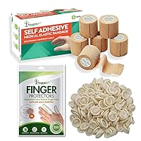 250 Pcs Medium Disposable Finger Cot Protectors Bundled with Self Adhering Bandage Wrap - Cohesive Bandage - Sport Bandage Wrap - 2 inch by 5 Yards - 6 Rolls