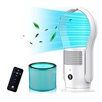 ULTTY Bladeless Tower Fan and Air Purifier, 90° Oscillating Tower Fan with HEPA Filter, Remote Control, Touch, 8H Timer, 9 Speeds, Powerful Floor Fan for Bedroom Room Home Office, White