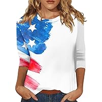 2024 Trendy 3/4 Sleeve Tops for Women T-Shirt Casual Fourth of July Print Tops Shirt Round Neck Pullover Blouse 2024