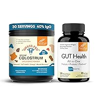 Pure Bovine Colostrum Powder Supplement for Humans 30 Servings & Gut Health Capsules w/Prebiotic, Probiotic, Postbiotic & L-Glutamine| Supports Immune, Gut and Digestive Health| Made in USA