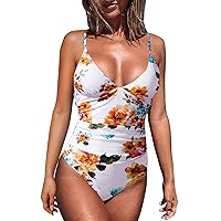 Women's One Piece V Neck Flower Print Swimsuits Backless High Waist Bathing Suit Conservative Tummy Control Swimsuit