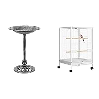 VIVOHOME 28 Inch Height Polyresin Lightweight Antique Outdoor Garden Bird Bath and 30 Inch Height Wrought Iron Bird Cage with Rolling Stand