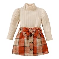 Toddler Girls Long Sleeve Ribbed Turtleneck T Shirt Tops Plaid Prints Bow Tie Skirt Outfits Baby Boy Clothes