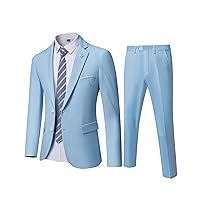 YND Men's Slim Fit 2 Piece Suit, 2 Button Notch Lapel Solid Jacket Pants Set with Tie, Party Wedding Dress Blazer Tux