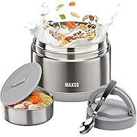 MAXSO Soup Thermo for Hot Food - 24 oz Vacuum Insulated Lunch Container with Foldable Spoon & Thermal Bag, Wide Mouth Bento Box for Adults (Silver)
