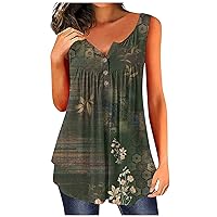 Womens Casual Tank Tops Oversized Sleeveless Button Down Henley Shirts Womens Retro Floral Print Pleated Flowy Tanks Ladies Ethnic Graphic Tee Basic Tunic Tops Loose Blouses Dark Green 5X