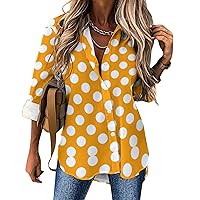 Orange Polka Dot Shirts for Women Long Sleeve Button Down Blouses V Neck Casual Loose Fit Tops