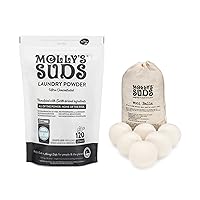 Molly's Suds Unscented Laundry Detergent Powder (120 Loads) & XL Wool Dryer Balls (White) Bundle