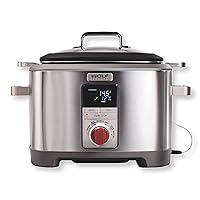 Wolf Gourmet Programmable 6-in-1 Multi Cooker with Temperature Probe, 7 qrt, Slow Cook, Rice, Sauté, Sear, Sous Vide, Stainless Steel, Red Knob (WGSC100S)