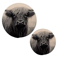 Highland Cow Round Cotton Trivets Stylish Absorbent Coaster Set Pot Holders Drink Coasters for Boho Home Bar Decor-2Pcs