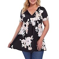Plus Size V Neck Tops for Women Summer Flowy Short Sleeve Beach Tropical Printed Tshirts Pleated Loose Blouses for Leggings