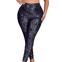 WDIRARA Women's Plus Size Sequin Sparkly Leggings High Waisted Stretchy Party Pants