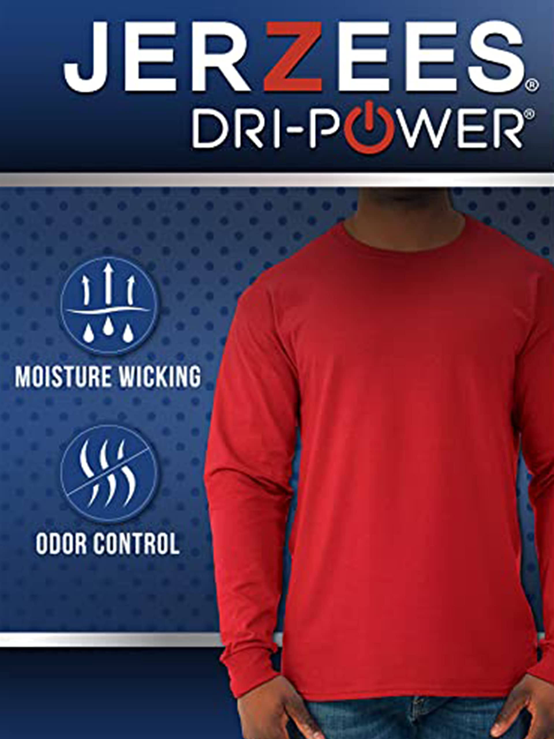 Jerzees Men's Dri-Power Cotton Blend Long Sleeve Tees, Moisture Wicking, Odor Protection, UPF 30+, Sizes S-3x