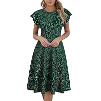 Womens Summer Dresses Polka Dot Print Flounce Sleeve A-Line Dress