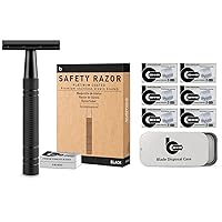 Matte Black Safety Razor Kit, Includes 1 Safety Razor with 10 Blades and 1 Razor Blade Bank with 30 Blades
