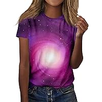 Women Tops Short Sleeve Trendy Tops for Women 2024 Astral Print Novelty Cool Loose Fit Fashion with Short Sleeve Round Neck Shirts Purple Pink 4X-Large
