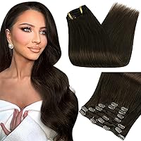 Full Shine Clip in Hair Extensions Human Hair Clip in Extensions Double Weft Full Head Brazilian Hair Clip ins Color 2 Dark Brown Hair Extensions Real Human Hair Clip ins 7 Pcs 18 Inch