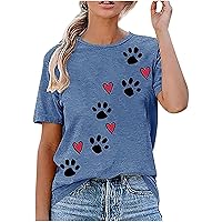 Cute Dog Paw Print T-Shirts for Women Love Heart Short Sleeve Shirts Dog Lover Tee Dog Mom Tops Summer Casual Blouse