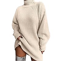 Sweater Dress for Women, Pullover Knitwear Mid Length Raglan Sleeve Turtleneck Sweater Dress Loose Pull Over Jumper Top