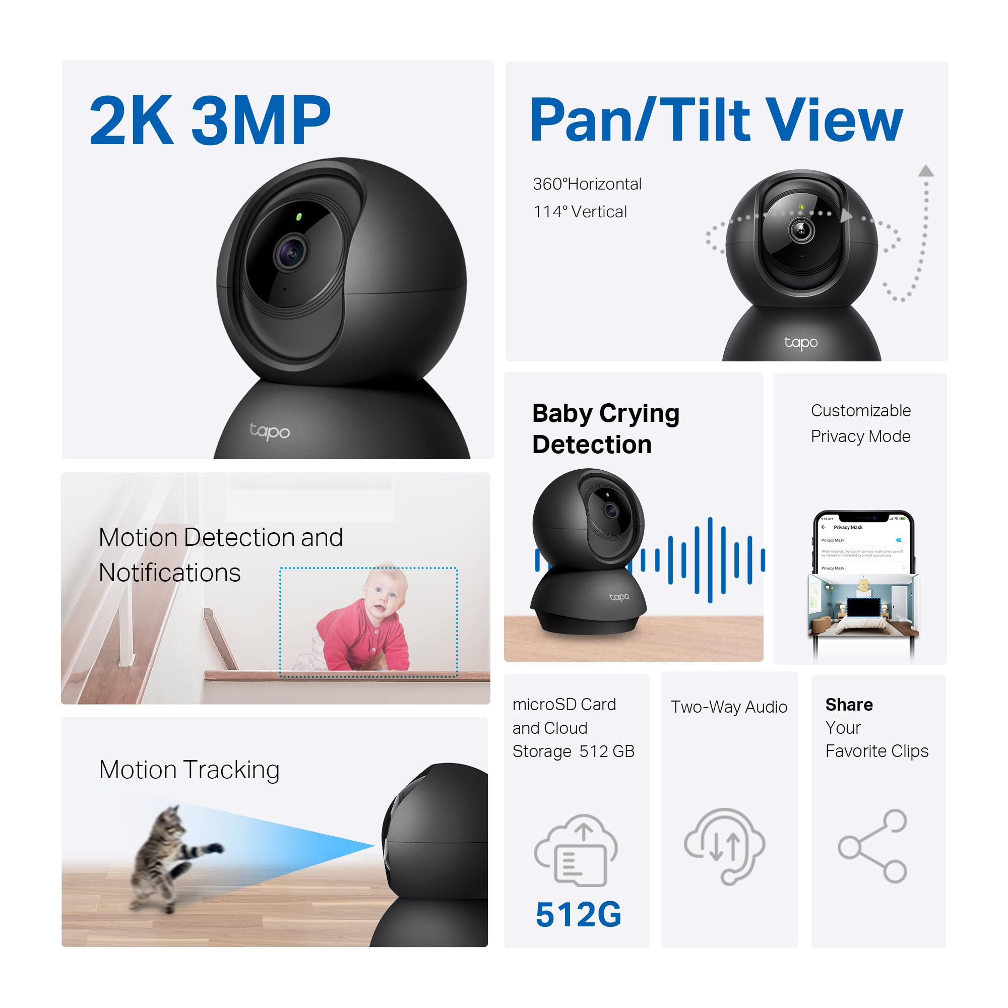 TP-Link Tapo 2K Pan/Tilt Indoor Security Camera for Baby Monitor, Pet Camera | Motion Detection & Tracking | 2-Way Audio | Cloud & SD Card Storage | Works w/Alexa & Google Home | Black | Tapo C211