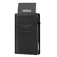 YESIIW Slim Wallet for Men - Pop up Card Holder Mens Wallet with RFID Protection Leather Wallets with ID Window and Metal Case Black
