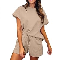 2 Piece Sets for Women Ladies Casual Fashion Sexy Round Neck Short Sleeve Textured Fabric Shorts Set