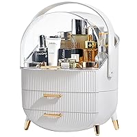 [2024 Upgrade] Dustproof Makeup Organizer, [A Box That Holds All Your Cosmetics] Portable Travel Countertop Display Case with Transparent Cover and 2 Drawers - Keep Clean & Tidy (White)