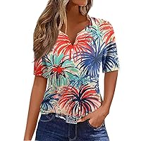 American Flag Shirt for Women July 4Th Patriotic Shirt Casual Pattern Basic Tops Decorative Button V-Neck Short Sleeved Tees