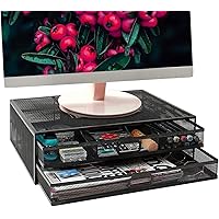 Computer Monitor Stands with Drawers, Metal Mesh Desktop Monitor Riser, Desk Storage Organizer with Drawers for PC, Laptop, Printer