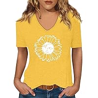 Workout Shirts Women, Womens Summer Blouses 80S Shirts for Women Womens Short Sleeve Daily Shirt Printed Dressy Tshirt Plus Size Casual Tops Summer V-Neck Ladies Fashion Blouse (Yellow,Small)