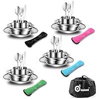 Odoland 29pcs Stainless Steel Utensils Camping Tableware Kit with Bowls Plates Cups Forks Spoons and Knives for 4, Cutlery Flatware Set for Backpacking, Outdoor Camping Hiking and Picnic