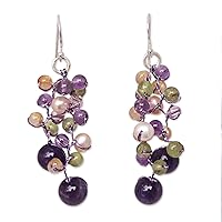 NOVICA Handmade Cultured Freshwater Pearl Amethyst Beaded Earrings Artisan Crafted .925 Sterling Silver Brass Plated Peridot Citrine Glass Green Multicolor Purple White Yellow Dangle Thailand