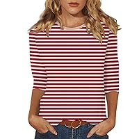 Womens Tops 3/4 Length Sleeves,3/4 Length Sleeve Womens Tops Round Neck Stripe Print T Shirts 2024 Summer Solid Color Loose Fit Cute Blouse Long Sleeve Workout Tops for Women