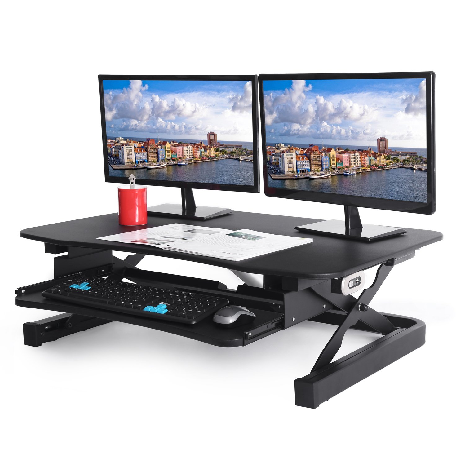 ApexDesk EDR-3612-BLACK ZT Series Height Adjustable Sit to Stand Electric Desk Converter, 2-Tier Design with Large 36x24" Upper Work Surface an...