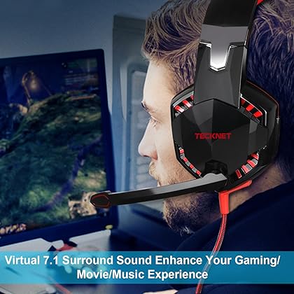 TECKNET USB Gaming Headset, Wired 7.1 Channel Surround Sound USB PC Computer Gaming Headset Over Ear Headphones with Microphone, Volume Control and LED Light