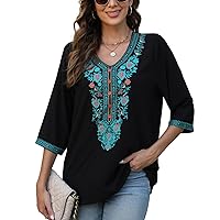 Higustar Women's Boho Embroidered Tops Mexican Peasant Shirt Traditional Bohemian 3/4 Sleeve Clothes Tunic Blouse