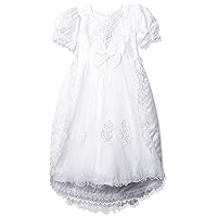 Girls' Short Sleeve Satin Embroidered Dress with Train