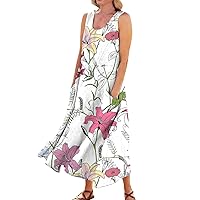 Denim Dresses for Women 2024 Casual Comfortable Floral Print Sleeveless Cotton Pocket Dress