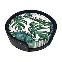 Green Banana Leaves 6 Pcs Drink Coasters, Round Leather Absorbent Coaster for Table Coffee Bar Protection - 3.9 Inch