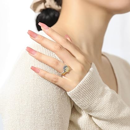 UNE DOUCE Celestial Sun and Moon Ring Set, Sparkling Sun Ring/Blue Moon Ring with 14k Gold/Silver Plating, Friendship Promise Ring, Stackable Celestial Rings, Gift for Women Girls