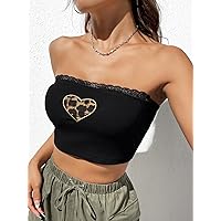 Women's Tops Sexy Tops for Women Heart Embroidery Lace Trim Tube Top Women's Shirts (Color : Black, Size : Large)