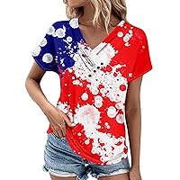 Women's 4th of July Tops Plus Size Casual V-Neck Short-Sleeved T-Shirt Printed Button Top