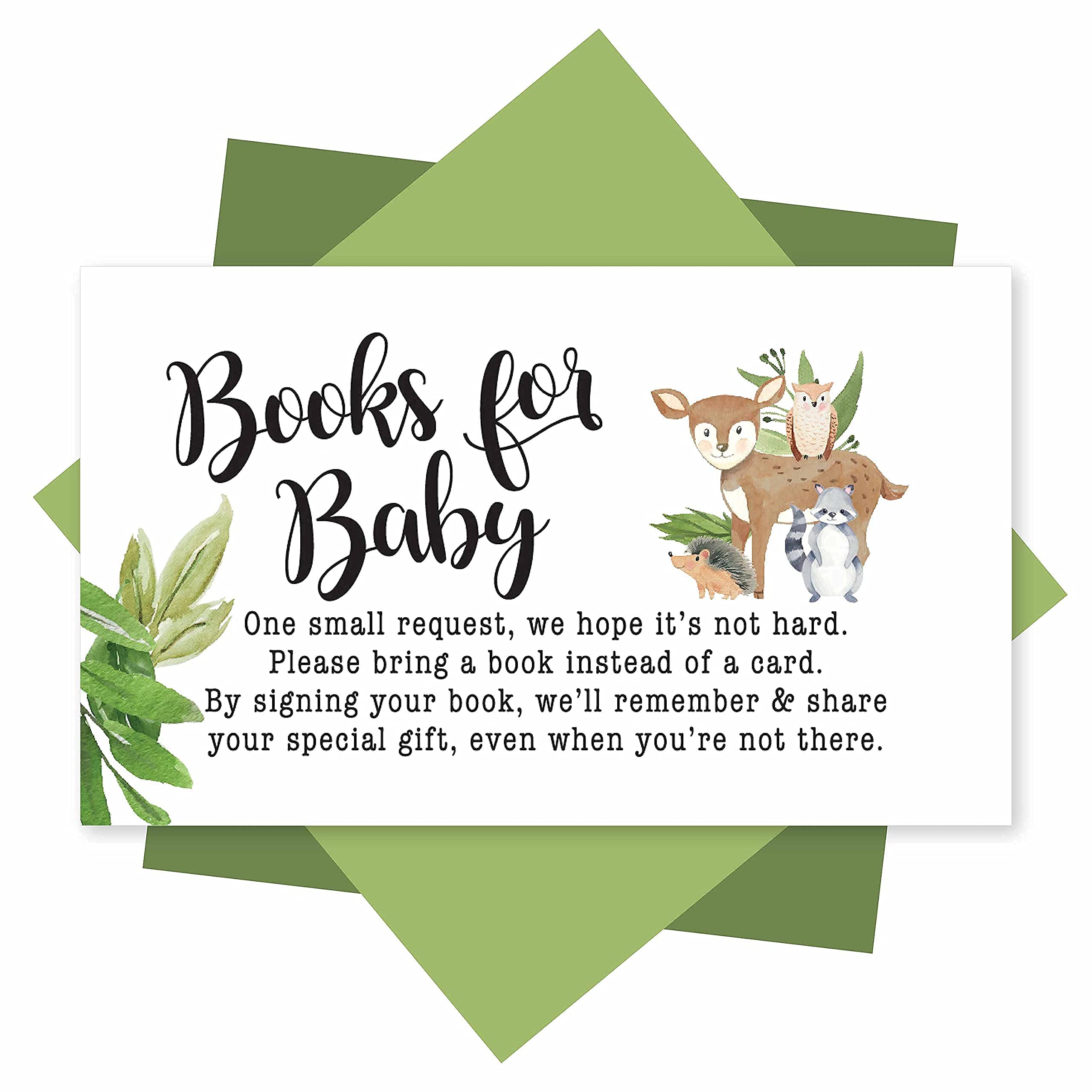 25 Greenery Woodland Baby Shower Invitations, 25 Book Request Baby Shower Guest Book Alternative, Sprinkle Invite for Boy or Girl, Bring A Book Instead Of A Card, Baby Shower Invitation Inserts