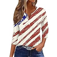 Womens 3/4 Sleeve Tops 4Th of July Flag Shirts Patriotic Stars and Striped Graphic Tees Plus Size Button Down Blouses