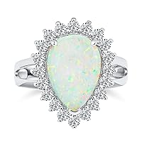 Personalized Big Halo Oval Pear Shape Teardrop Statement 10CT Created White Opal Engagement Ring Cathedral Setting Gemstone Ring For Women .925 Sterling Silver October Birthstone Customizable