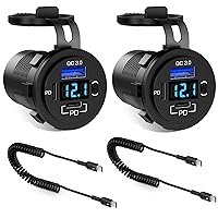 96W 12V USB Outlet 3 Port with Type-C Cable 2x: Multi USB C Car Charger Adapter Dual PD30W and QC3.0 Auto Cigarette Lighter Socket 12 Volt with Voltmeter Power Switch for Marine RV Boat ATV Motorcycle