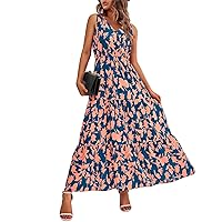 Summer Dresses for Women Bohemian Dress for Women Summer Casual Fashion Print Pretty with Sleeveless V Neck Flowy Tunic Dresses Orange Large