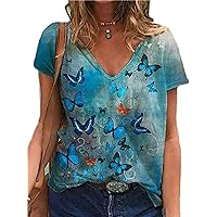 Andongnywell Women's Summer Butterfly Printed Short Sleeve T-Shirt Tops Plus Size V-Neck Tee Blouses
